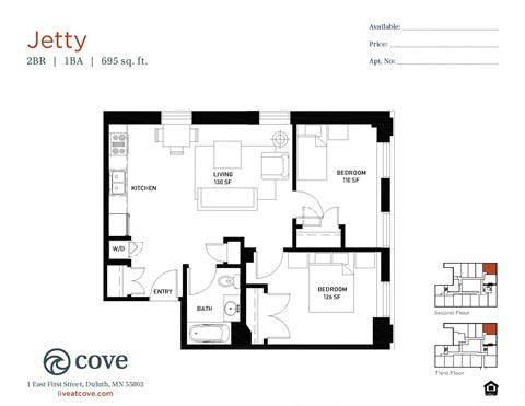 Floor plan for 2 beds, 1 bath, 695 sqft